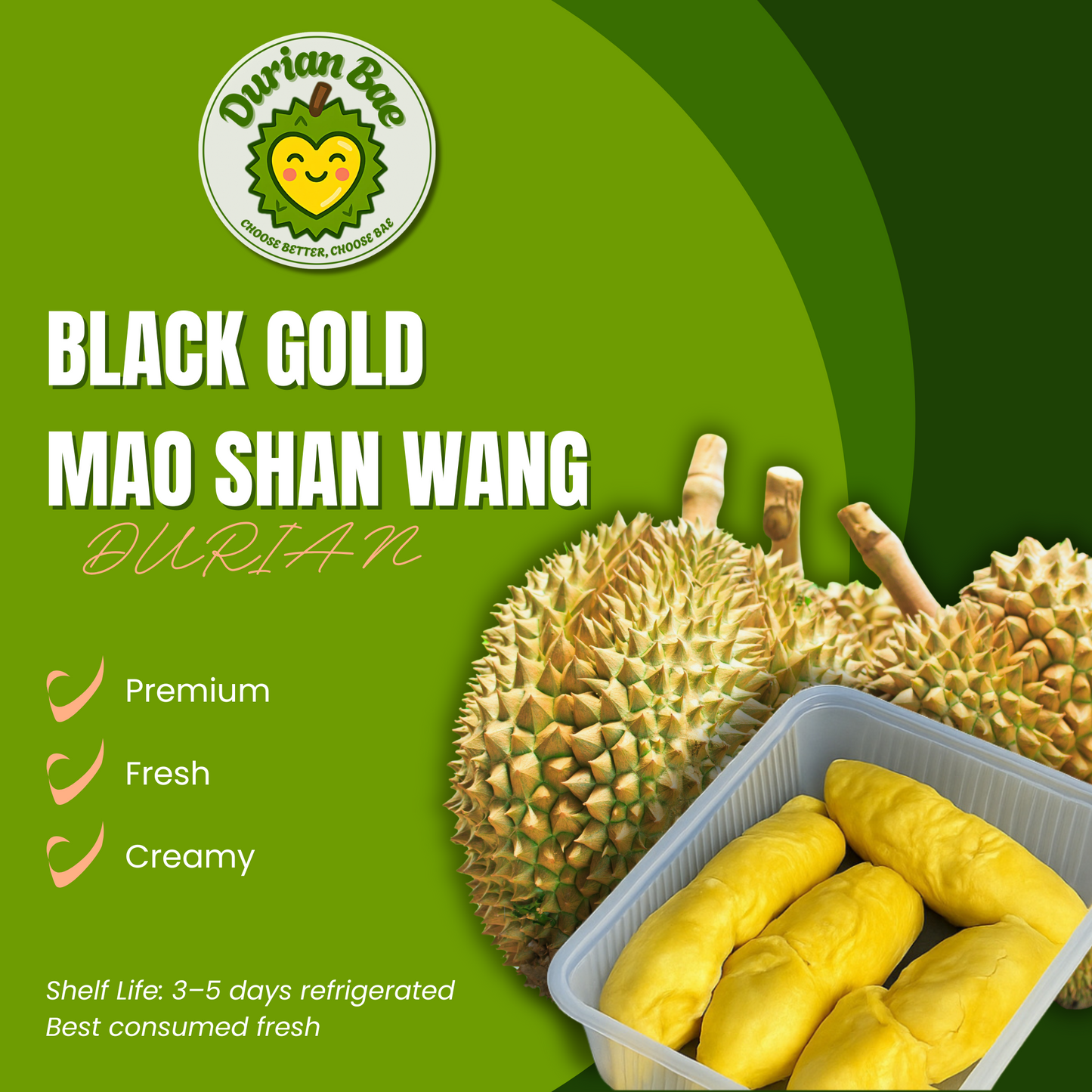 1 x Blackgold Mao Shan Wang Durian Freshly Dehusked 400g Each Premium Quality Durian Bae